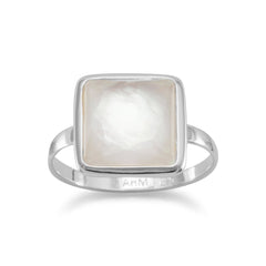 Large Square Freeform Faceted Clear Quartz over Mother of Pearl Stackable Ring
