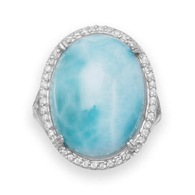 Large Rhodium Plated Oval Larimar and CZ Ring