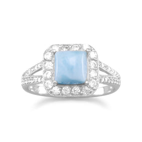 Rhodium Plated Square Larimar and CZ Ring