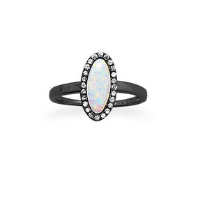 Ruthenium Plated Oval White Synthetic Opal and CZ Ring