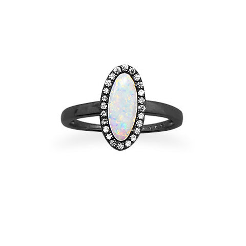 Ruthenium Plated Oval White Synthetic Opal and CZ Ring
