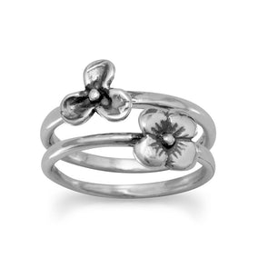 Oxidized Two Flower Ring Set