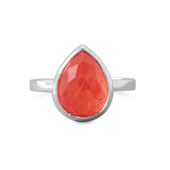 Large Pear Shape Freeform Faceted Quartz over Reconstituted Coral Stackable Ring