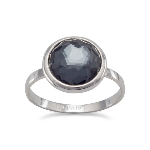 Large Round Freeform Faceted Quartz over Hematite Stackable Ring