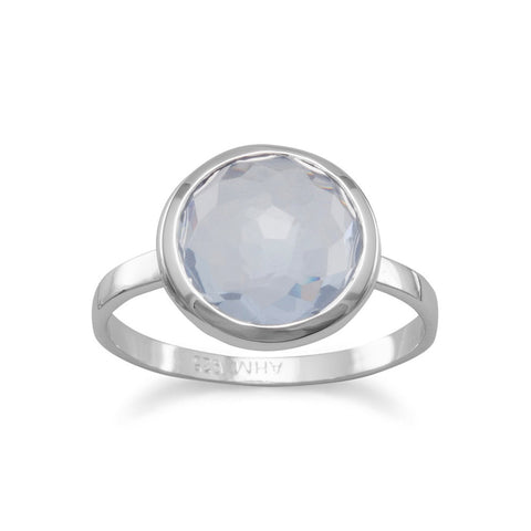Large Round Freeform Faceted Light Blue Hydro Quartz Stackable Ring