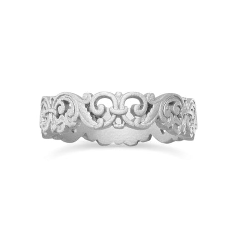 Ornate Rhodium Plated Fleur de Lis Ring