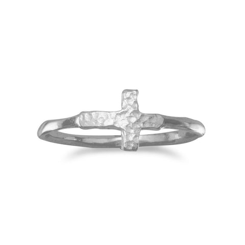 Rhodium Plated Textured Sideways Cross Ring