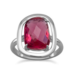 Rhodium Plated Ring with Abstract Faceted Red Glass