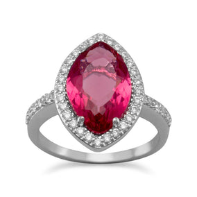 Rhodium Plated Marquise Red Glass Ring with CZ Edge