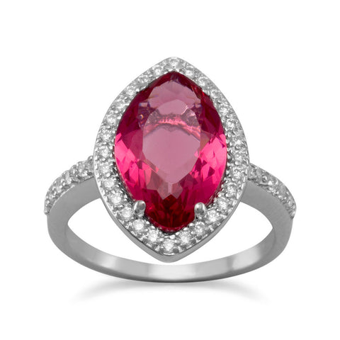 Rhodium Plated Marquise Red Glass Ring with CZ Edge