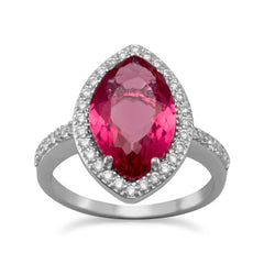 Rhodium Plated Marquise Red Glass Ring with CZ Edge