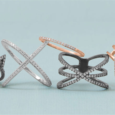 Ruthenium Plated Triple Row Criss Cross "X" CZ Ring