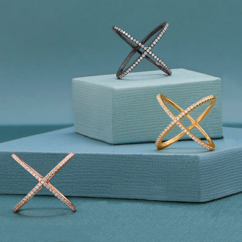 Black Cobalt Plated Criss Cross 'X' Ring with Signity CZs