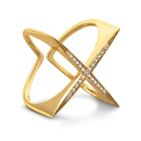 14 Karat Gold Plated Flat Top CZ "X" Ring