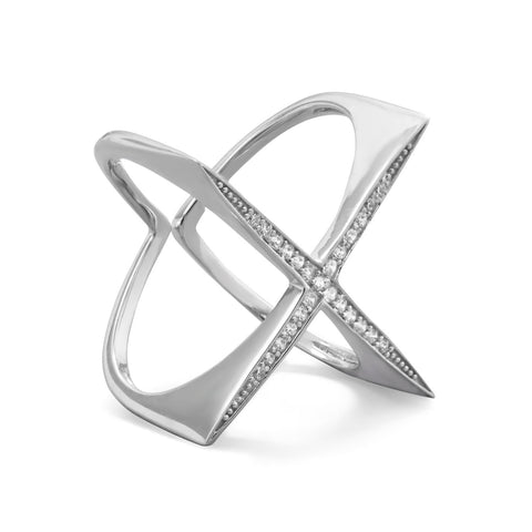 Rhodium Plated Flat Top CZ "X" Ring