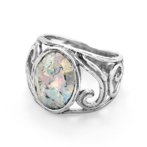 Cut Out Swirl Design Ring with Roman Glass