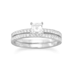 Rhodium Plated Two Ring Set with White Sapphires and White Topaz