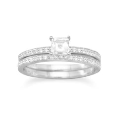 Rhodium Plated Two Ring Set with White Sapphires and White Topaz