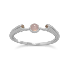 Rhodium Plated Peach Moonstone and Smoky Quartz Ring