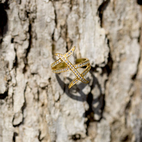 14 Karat Gold Plated Three Row Design CZ Ring