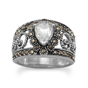Filigree Marcasite and Pear CZ Ring