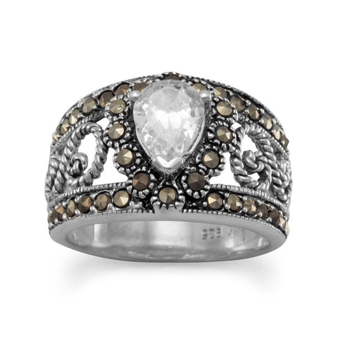 Filigree Marcasite and Pear CZ Ring