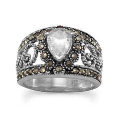 Filigree Marcasite and Pear CZ Ring