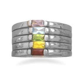 Rhodium Plated Stacking Ring with Five Color CZs