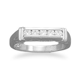 Rhodium Plated 5 CZ Bar/Design Side Ring