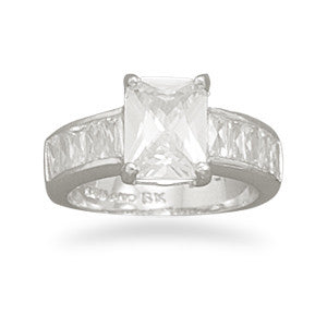 Rhodium Plated Ring with Emerald Cut CZ and Baguette Sides