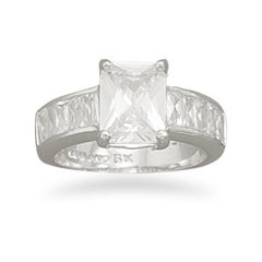 Rhodium Plated Ring with Emerald Cut CZ and Baguette Sides