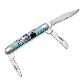 Stainless Steel Pocket Knife with Multicolor Inlay Simulated Stone