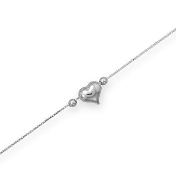 11" + 1" Rhodium Plated Puffed Heart Anklet