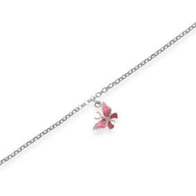 9" + 1" Rhodium Plated Pink Butterfly Anklet