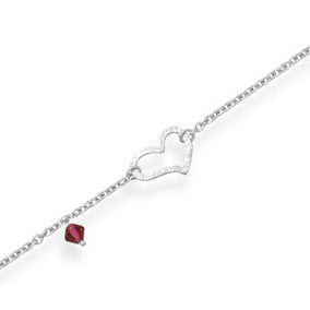 9" + 1" Rhodium Plated Heart and Crystal Anklet