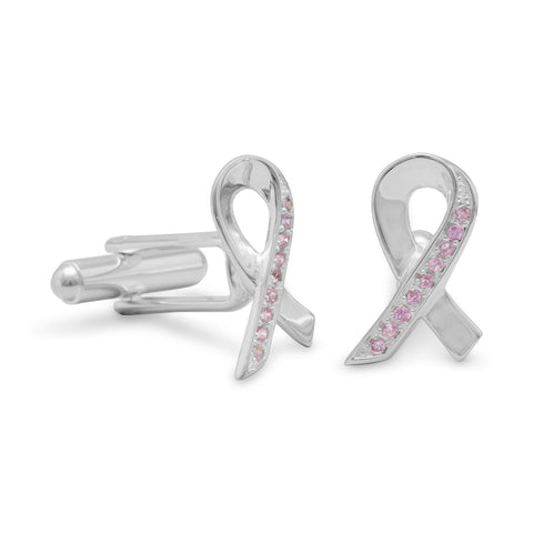 Pink CZ Awareness Ribbon Cuff Links
