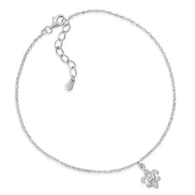 9" + 1" Extension Rhodium Plated Anklet with CZ Fleur de Lis