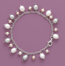 6.5" Rhodium Plated Bracelet with Multicolor Cultured Freshwater Pearl Charms