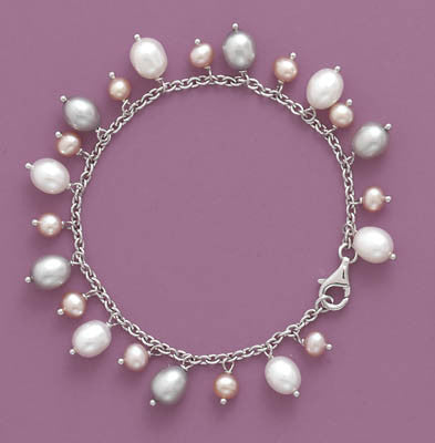 6.5" Rhodium Plated Bracelet with Multicolor Cultured Freshwater Pearl Charms