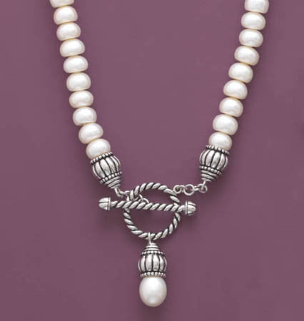 17" Cultured Freshwater Button Pearl Necklace with Oxidized Toggle