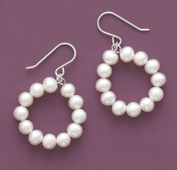 Rhodium Plated Open Circle French Wire Earrings with Cultured Freshwater Pearls