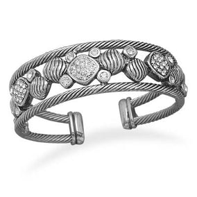 Rhodium Plated Cable Cuff Braclelet with Crystals