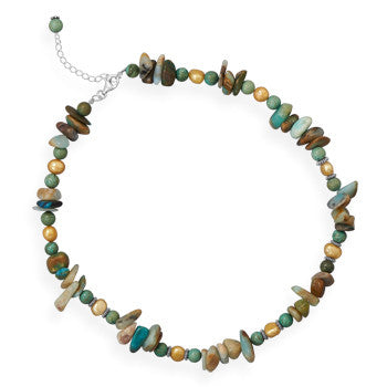 16.5" + 2" Opal, Reconstituted Turquoise and Cultured Freshwater Pearl Necklace