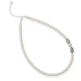 16.5" + 2" Cultured Freshwater Pearl and Aquamarine Necklace