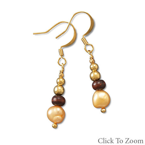 Fashion Drop Earring with Cultured Freshwater Pearls, Wood, and Gold Tone Beads