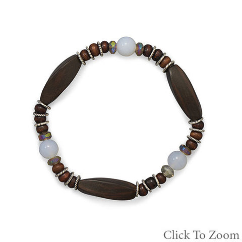 Wood, Chalcedony, and Crystal Stretch Bracelet