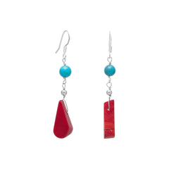 Reconstituted Turquoise and Red Coral Drop Fashion French Wire Earrings