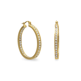 14 Karat Gold Plated Oval In and Out Crystal Fashion Hoop Earrings