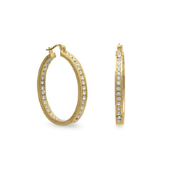 14 Karat Gold Plated Oval In and Out Crystal Fashion Hoop Earrings