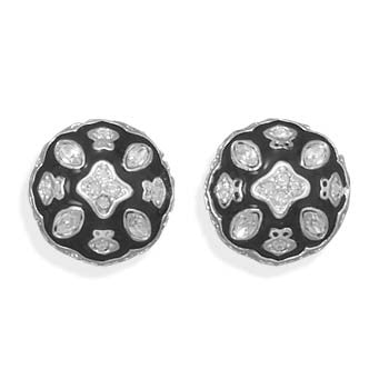 Silver Plated Black Epoxy and Clear Crystal Fashion Post Earrings